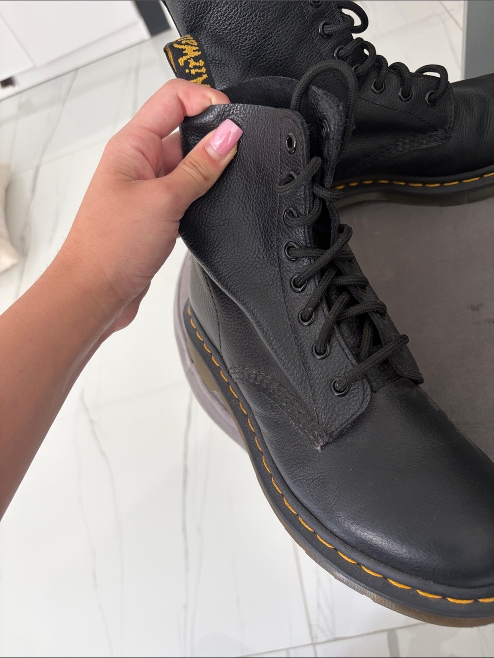 Dr. Martens Black Leather 8-Eye Lace-Up Boots with Yellow Stitching - Picture 4 of 4